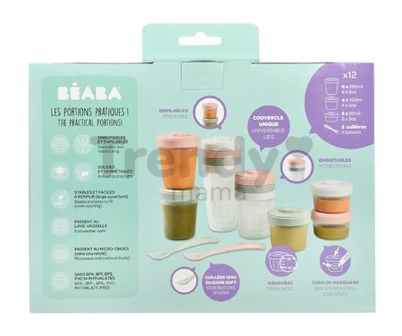 Set 12 dóz na jedlo Beaba Expert Meal & Food Storage Pack Eucalyptus 12 clip a 2 silikónové lyžičky ružové