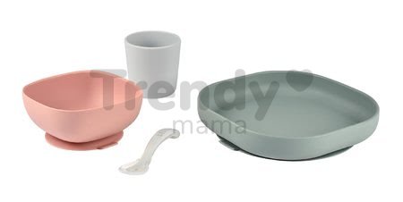 Jedálenská súprava Beaba Silicone meal set zo silikónu 4 dielna ružovo-béžovo-šedá pre bábätká