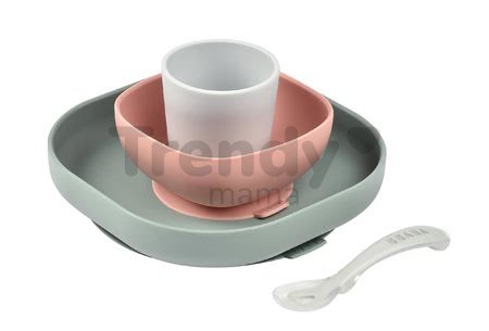 Jedálenská súprava Beaba Silicone meal set zo silikónu 4 dielna ružovo-béžovo-šedá pre bábätká