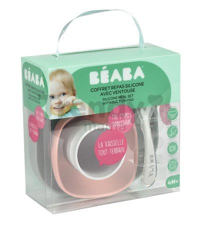 Jedálenská súprava Beaba Silicone meal set zo silikónu 4 dielna ružovo-béžovo-šedá pre bábätká