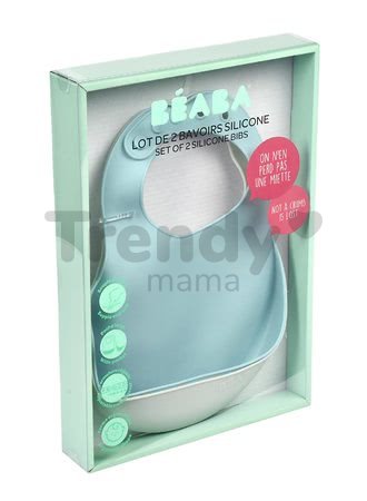 Podbradníky pre deti Silicone Bib Beaba Light Mist & Airy Green Beaba 2 kusy z mäkkého silikónu a gombíkmi od 0 mes