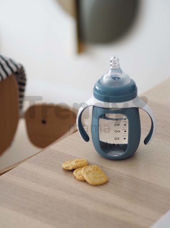 Fľaša Bidon na učenie pitia 2v1 Learning Bottle 210ml Blue Beaba s modrým silikónovým obalom od 4 mes