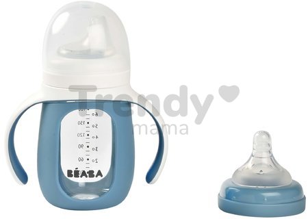 Fľaša Bidon na učenie pitia 2v1 Learning Bottle 210ml Blue Beaba s modrým silikónovým obalom od 4 mes