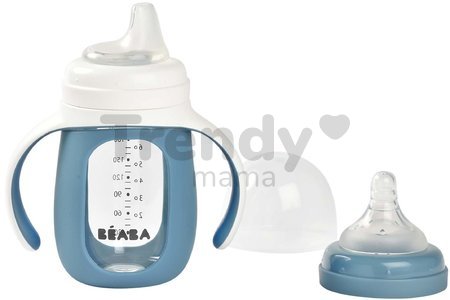 Fľaša Bidon na učenie pitia 2v1 Learning Bottle 210ml Blue Beaba s modrým silikónovým obalom od 4 mes