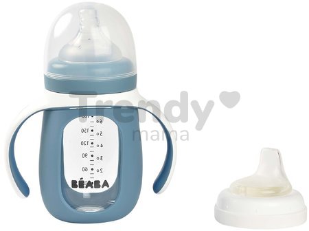 Fľaša Bidon na učenie pitia 2v1 Learning Bottle 210ml Blue Beaba s modrým silikónovým obalom od 4 mes