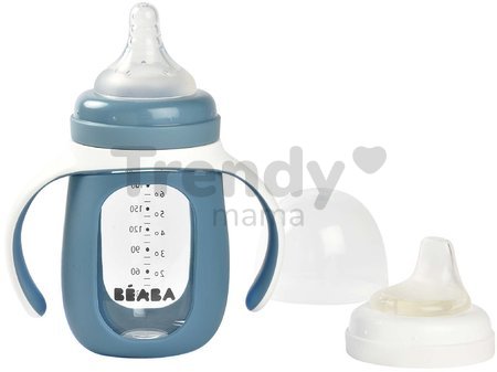 Fľaša Bidon na učenie pitia 2v1 Learning Bottle 210ml Blue Beaba s modrým silikónovým obalom od 4 mes