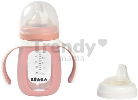 Fľaša Bidon na učenie pitia 2v1 Learning Bottle 210ml Pink Beaba s ružovým silikónovým obalom od 4 mes