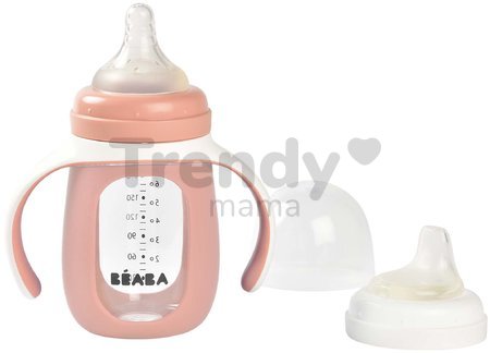 Fľaša Bidon na učenie pitia 2v1 Learning Bottle 210ml Pink Beaba s ružovým silikónovým obalom od 4 mes