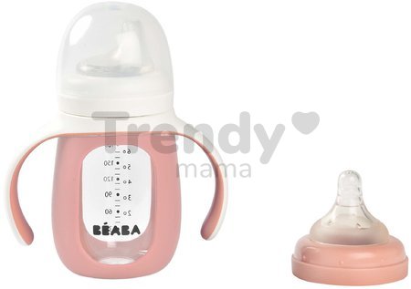 Fľaša Bidon na učenie pitia 2v1 Learning Bottle 210ml Pink Beaba s ružovým silikónovým obalom od 4 mes