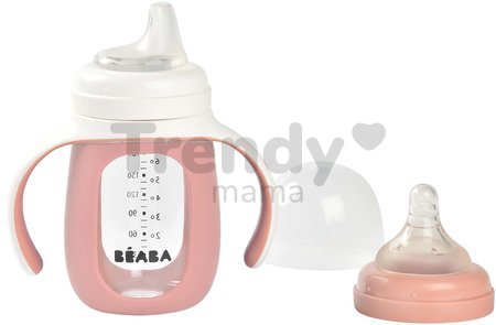 Fľaša Bidon na učenie pitia 2v1 Learning Bottle 210ml Pink Beaba s ružovým silikónovým obalom od 4 mes