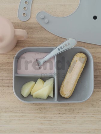 Jedálenská súprava s hrnčekom a lyžičkou Silicone learning set Beaba pre bábätká učiť sa samostatnosti od 8 mes ružová