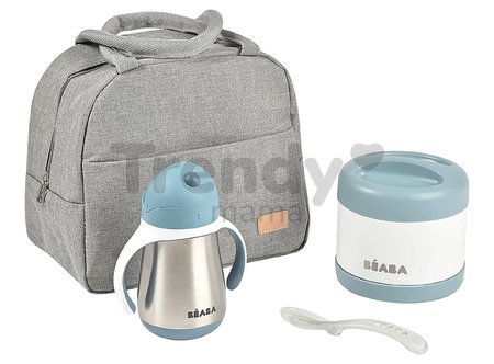 Jedálenská súprava On-the-go Mealtime Beaba Windy Blue s izotermickou taškou a pohárom s termoskou na jedlo a lyžičkou na kŕmenie sivo-modrá od 8 mes