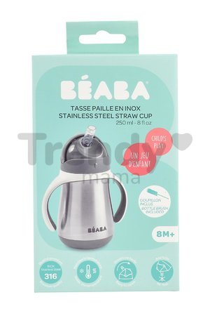 Fľaša Bidon s dvojitými stenami Stainless Steel Straw Cup Beaba Mineral Grey 250 ml z nehrdzavejúcej ocele sivá od 8 mes