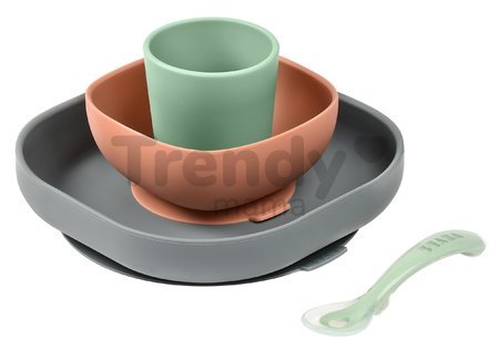 Jedálenská súprava Silicone Meal Set Beaba Mineral zo silikónu 4 dielna sivo-oranžovo-zelená od 4 mes