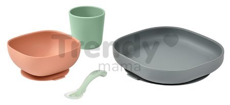 Jedálenská súprava Silicone Meal Set Beaba Mineral zo silikónu 4 dielna sivo-oranžovo-zelená od 4 mes