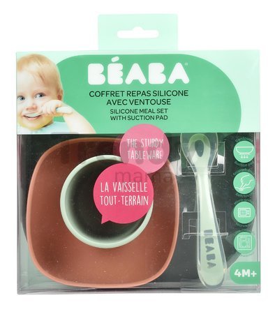 Jedálenská súprava Silicone Meal Set Beaba Mineral zo silikónu 4 dielna sivo-oranžovo-zelená od 4 mes