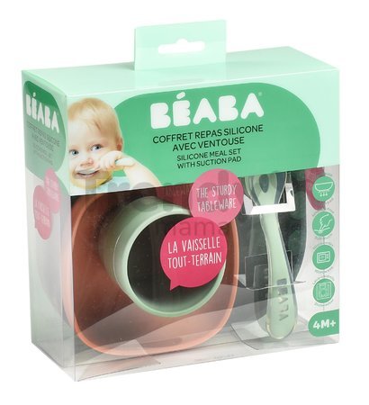 Jedálenská súprava Silicone Meal Set Beaba Mineral zo silikónu 4 dielna sivo-oranžovo-zelená od 4 mes