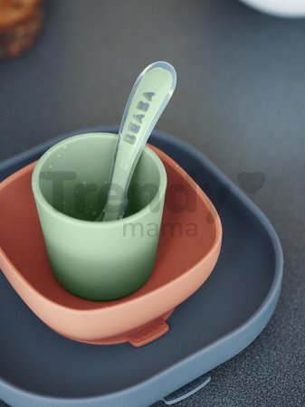 Jedálenská súprava Silicone Meal Set Beaba Mineral zo silikónu 4 dielna sivo-oranžovo-zelená od 4 mes