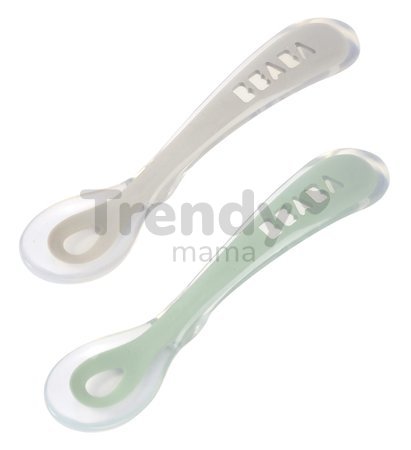 Ergonomické lyžičky 2nd Age Silicone Spoons Beaba Velvet Grey & Sage Green zo silikónu na samostatné jedenie 2 kusy od 8 mes