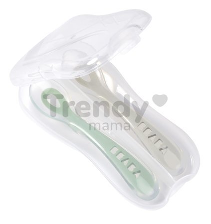 Ergonomické lyžičky 2nd Age Silicone Spoons Beaba Velvet Grey & Sage Green zo silikónu na samostatné jedenie 2 kusy od 8 mes