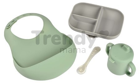 Jedálenská súprava Silicone Meal Essentials Set Beaba s hrnčekom a tanierom s lyžičkou a podbradník zeleno-sivá od 8 mes