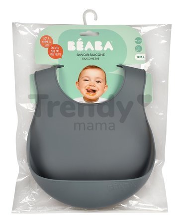 Podbradník pre deti Silicone Bib Beaba Mineral z mäkkého silikónu a gombíkmi sivý od 4 mes