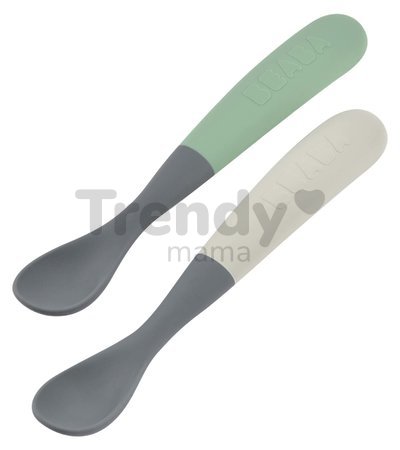 Ergonomické lyžičky 1st Age Silicone Spoons Beaba Mineral Grey Sage Green zo silikónu na samostatné jedenie v boxe 2 kusy od 4 mes