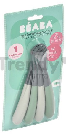 Ergonomické lyžičky 1st Age Silicone Spoons Beaba Mineral Grey Sage Green zo silikónu na samostatné jedenie 4 kusy od 4 mes