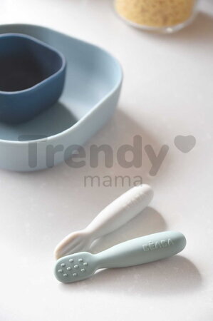 Ergonomické tréningové lyžičky Silicone Pre-Spoons Sage Green Velvet Grey Beaba zo silikónu na samostatné jedenie 2 kusy od 4 mes BE913578