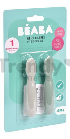 Ergonomické tréningové lyžičky Silicone Pre-Spoons Sage Green Velvet Grey Beaba zo silikónu na samostatné jedenie 2 kusy od 4 mes BE913578