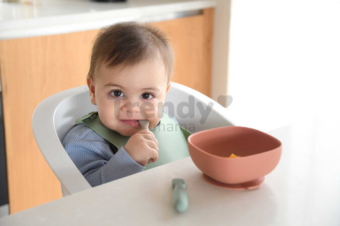 Ergonomické tréningové lyžičky Silicone Pre-Spoons Sage Green Velvet Grey Beaba zo silikónu na samostatné jedenie 2 kusy od 4 mes BE913578