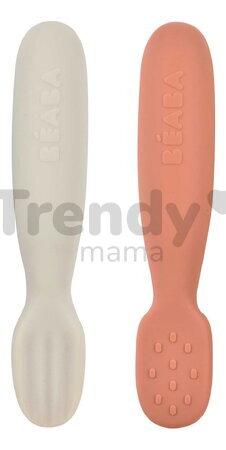 Ergonomické tréningové lyžičky Silicone Pre-Spoons Terracotta Velvet Grey Beaba zo silikónu na samostatné jedenie 2 kusy od 4 mes BE913579