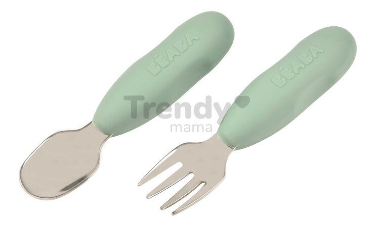 Prvý detský príbor Stainless Steel Pre-Cutlery Sage Green Beaba vidlička a lyžička zelený od 10 mes BE913580