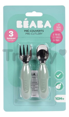 Prvý detský príbor Stainless Steel Pre-Cutlery Sage Green Beaba vidlička a lyžička zelený od 10 mes BE913580
