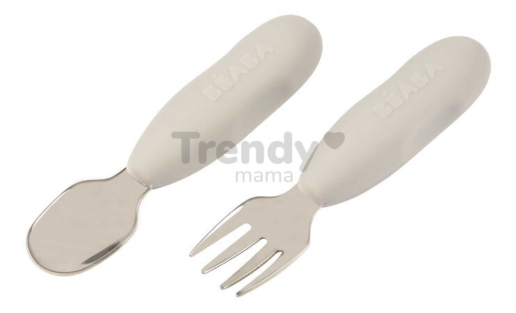 Prvý detský príbor Stainless Steel Pre-Cutlery Velvet Grey Beaba vidlička a lyžička sivý od 10 mes BE913581