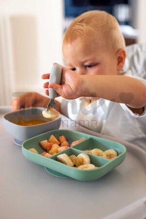 Prvý detský príbor Stainless Steel Pre-Cutlery Velvet Grey Beaba vidlička a lyžička sivý od 10 mes BE913581