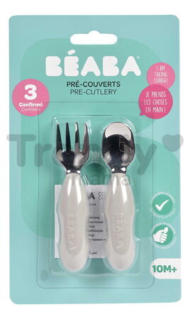 Prvý detský príbor Stainless Steel Pre-Cutlery Velvet Grey Beaba vidlička a lyžička sivý od 10 mes BE913581