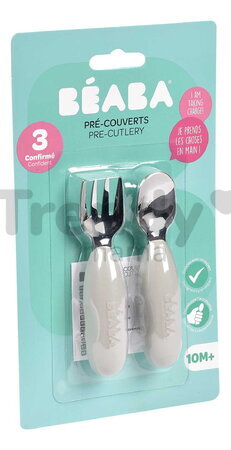 Prvý detský príbor Stainless Steel Pre-Cutlery Velvet Grey Beaba vidlička a lyžička sivý od 10 mes BE913581