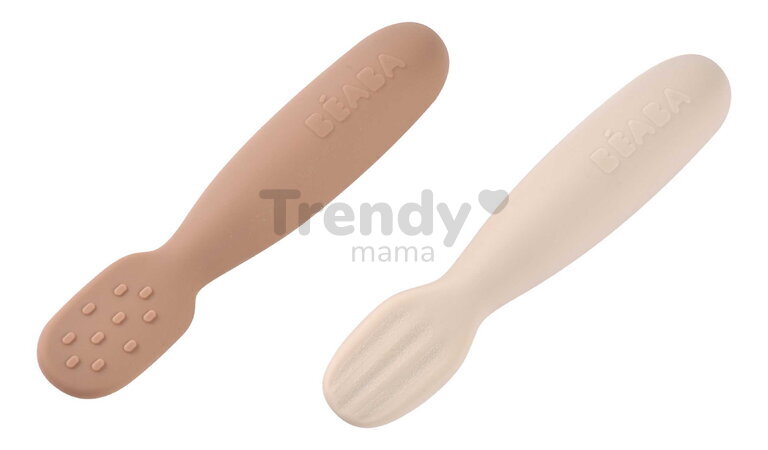 Ergonomické tréningové lyžičky Silicone Pre-Spoons Praline Clay Beaba zo silikónu na samostatné jedenie 2 kusy od 4 mes BE913593