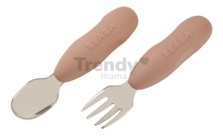 Prvý detský príbor Stainless Steel Pre-Cutlery Praline Beaba vidlička a lyžička hnedý od 10 mes BE913595