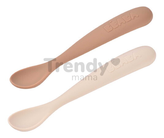 Prvé tréningové lyžičky First Age Silicone Spoons Clay Duo Beaba zo silikónu na samostatné jedenie v praktickom obale 2 kusy hnedé od 4 mes BE913599
