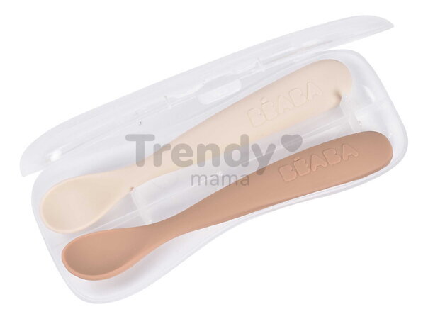 Prvé tréningové lyžičky First Age Silicone Spoons Clay Duo Beaba zo silikónu na samostatné jedenie v praktickom obale 2 kusy hnedé od 4 mes BE913599
