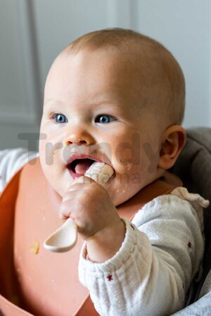 Prvé tréningové lyžičky First Age Silicone Spoons Clay Duo Beaba zo silikónu na samostatné jedenie v praktickom obale 2 kusy hnedé od 4 mes BE913599