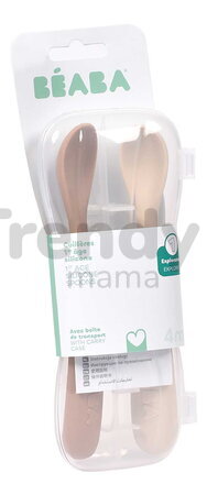 Prvé tréningové lyžičky First Age Silicone Spoons Clay Duo Beaba zo silikónu na samostatné jedenie v praktickom obale 2 kusy hnedé od 4 mes BE913599