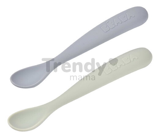 Prvé tréningové lyžičky First Age Silicone Spoons Nature Duo Beaba zo silikónu na samostatné jedenie v praktickom obale 2 kusy zeleno-modré od 4 mes B