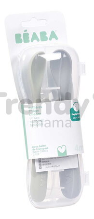 Prvé tréningové lyžičky First Age Silicone Spoons Nature Duo Beaba zo silikónu na samostatné jedenie v praktickom obale 2 kusy zeleno-modré od 4 mes B