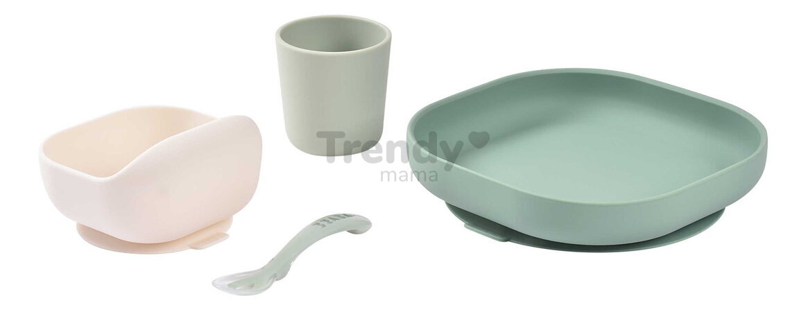 Jedálenská súprava Silicone Meal Set Sage Green Misty Green Beaba zo silikónu 4 dielna zeleno-béžová od 4 mes