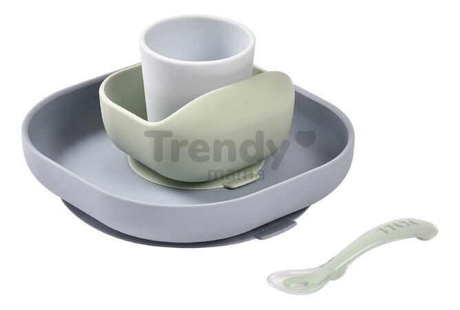 Jedálenská súprava Silicone Meal Set Pebble Beaba zo silikónu 4 dielna zeleno-sivá od 4 mes