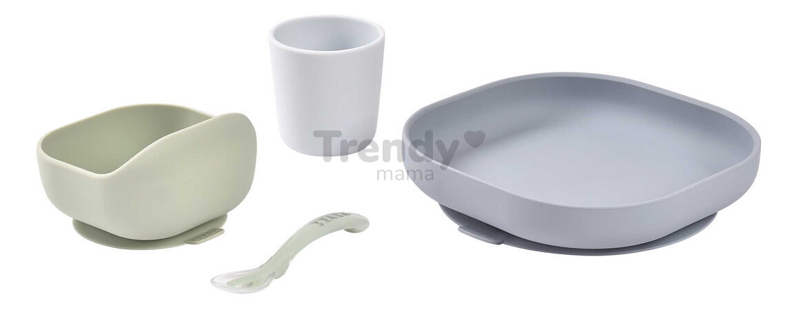 Jedálenská súprava Silicone Meal Set Pebble Beaba zo silikónu 4 dielna zeleno-sivá od 4 mes