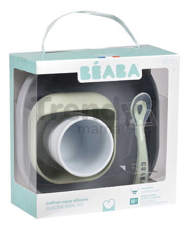 Jedálenská súprava Silicone Meal Set Pebble Beaba zo silikónu 4 dielna zeleno-sivá od 4 mes